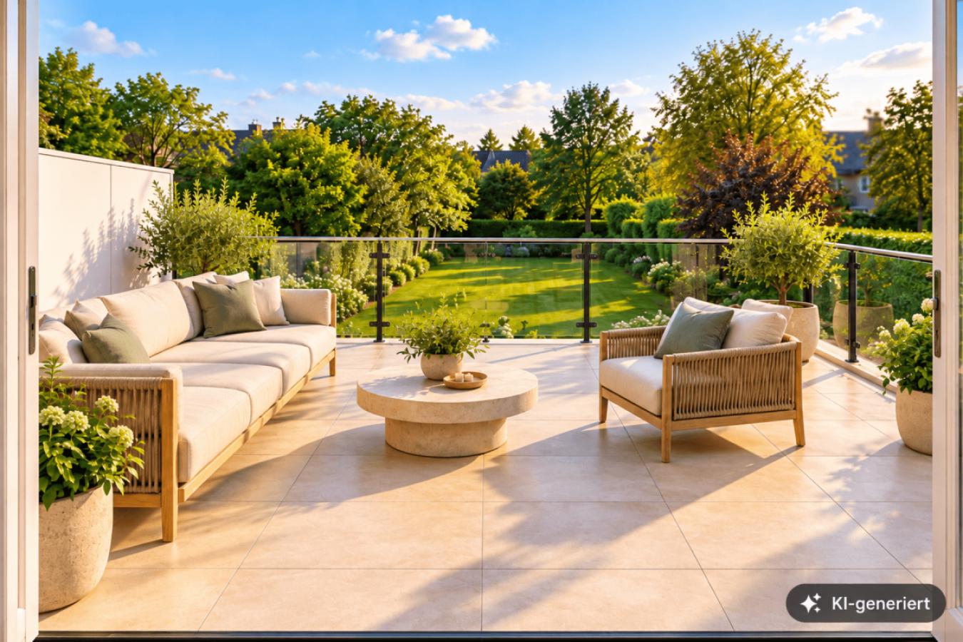 Sonnige Terrasse mit Gartenblick