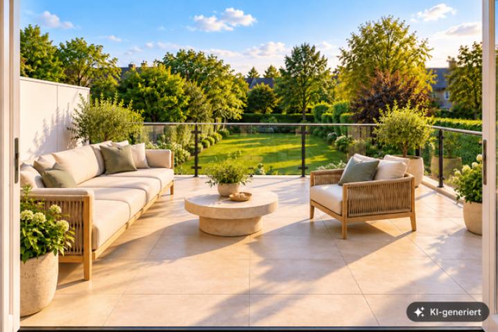Sonnige Terrasse mit Gartenblick
