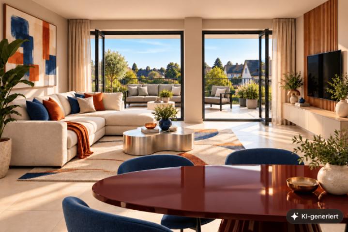 KI-generiertes skandinavisches Wohnzimmer mit Terrasse