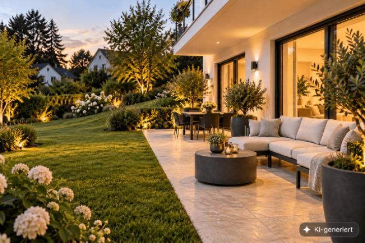 Moderne Gartenterrasse im Abendlicht (1)