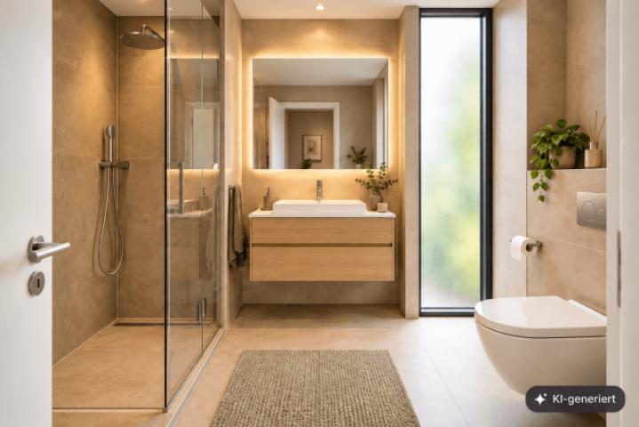 Modernes Spa-Badezimmer mit warmen Naturtönen