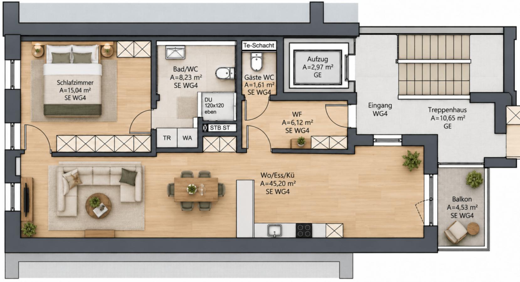 Wohnungsgrundriss mit Balkon und Innenausstattung
