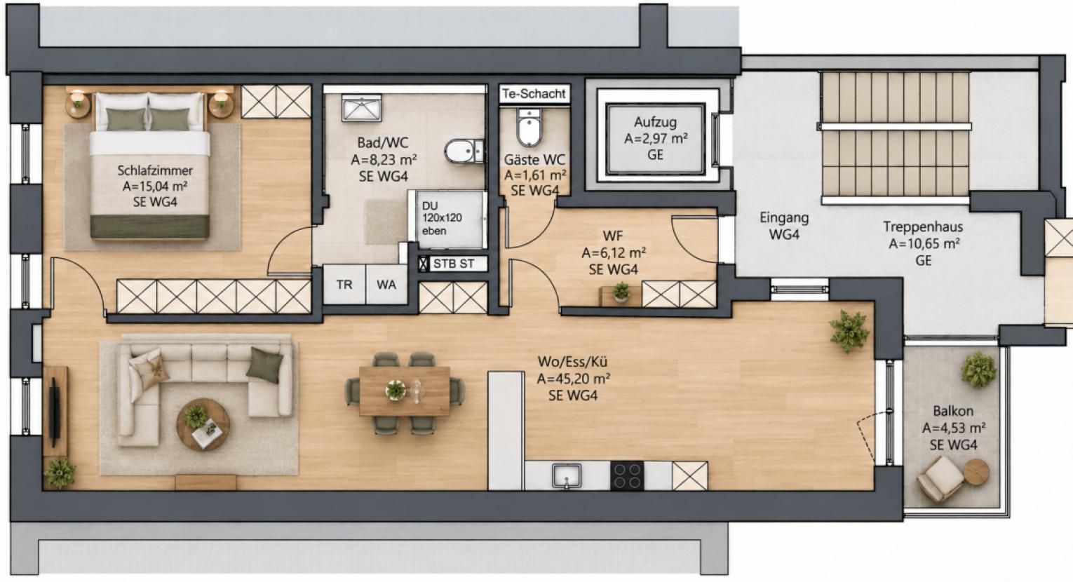 Wohnungsgrundriss mit Balkon und Innenausstattung