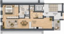 Wohnungsgrundriss mit Balkon und Innenausstattung