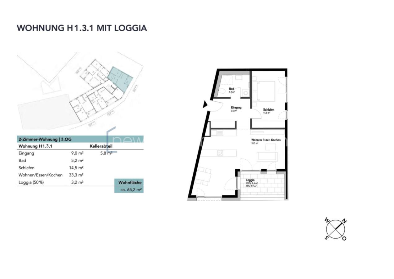 Grundriss - Wohnung H1.3.1 im Haus 1 mit Loggia