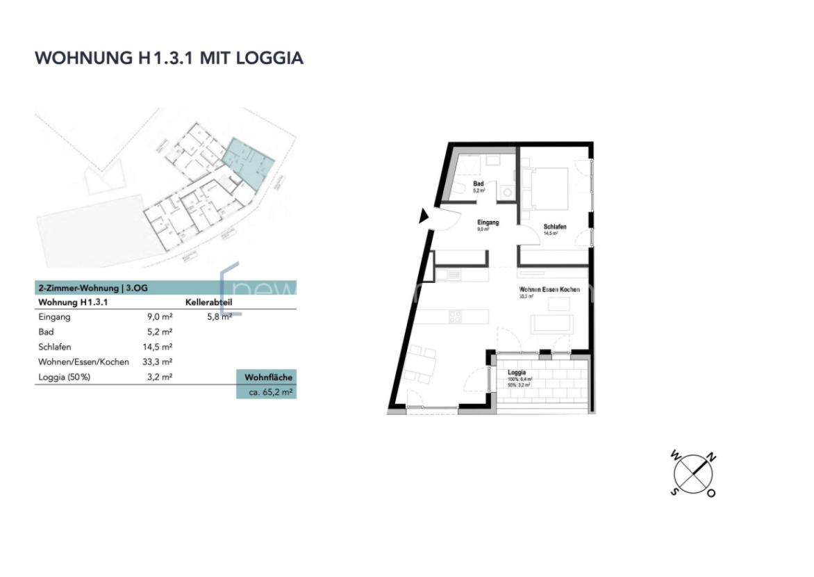 Grundriss - Wohnung H1.3.1 im Haus 1 mit Loggia