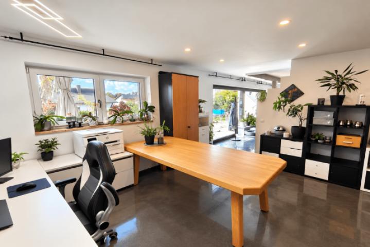 Modernes Homeoffice mit Gartenblick