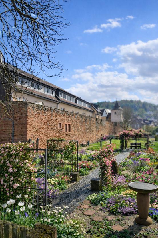 Blühender Garten vor historischer Mauer