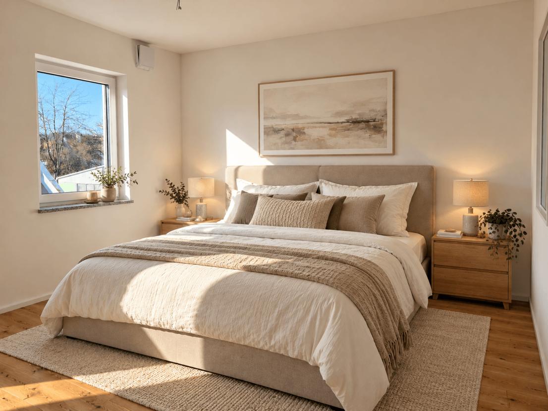Helles minimalistisches Schlafzimmer mit Tageslicht