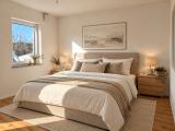 Helles minimalistisches Schlafzimmer mit Tageslicht