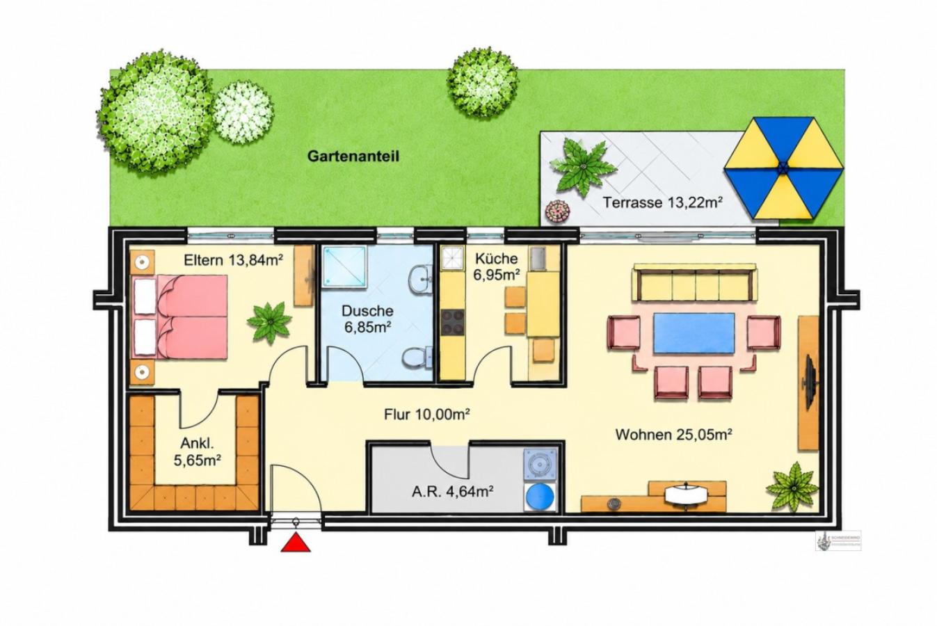 Wohnungsgrundriss mit Garten und Terrasse