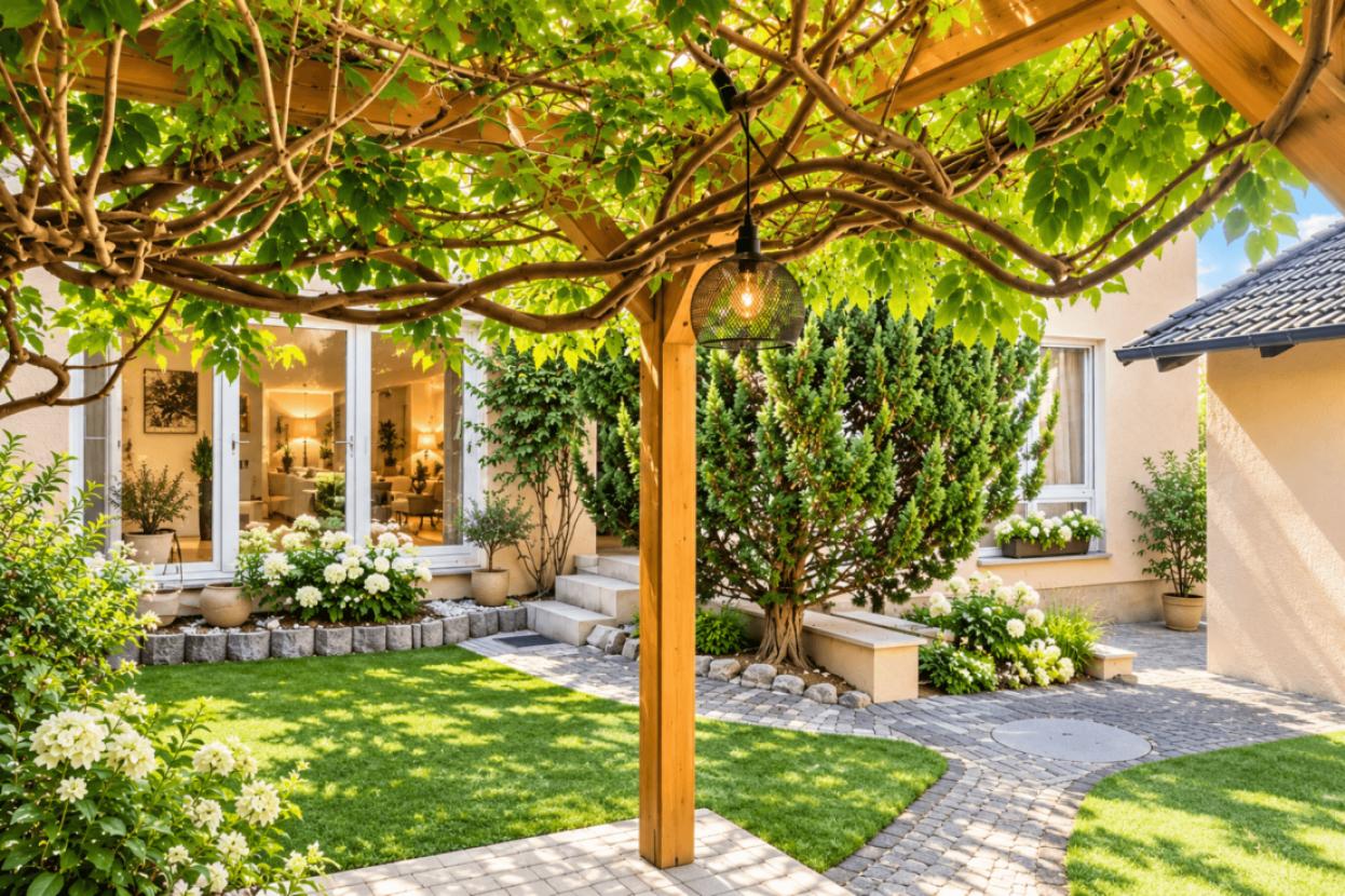 Sonniger Pergola-Garten