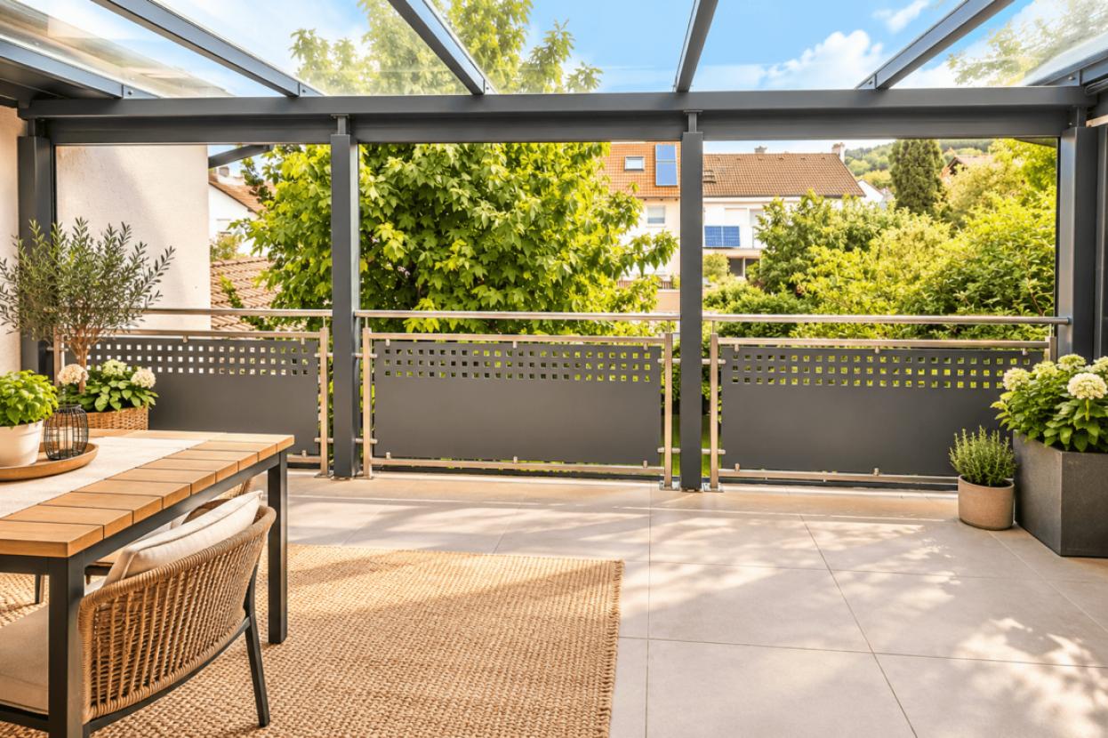 Helle Balkonterrasse mit Glasdach